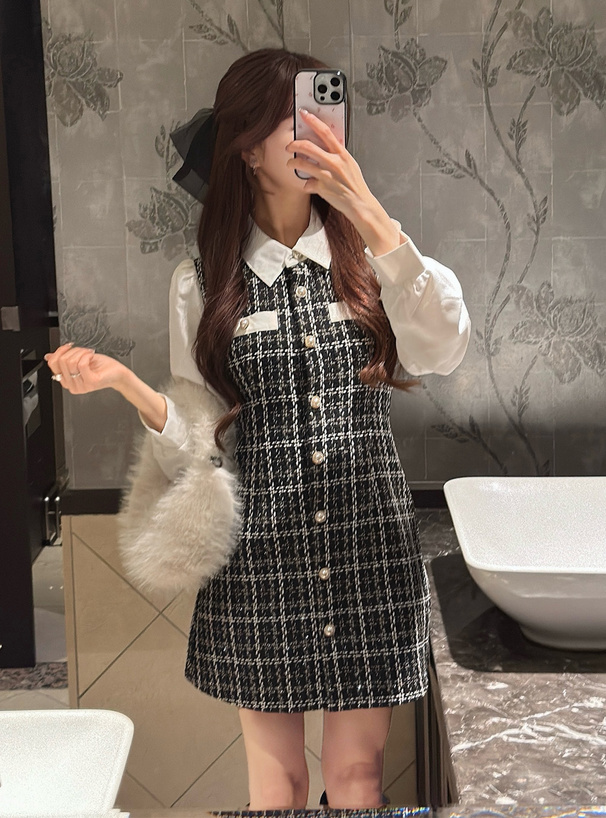 配色襟ツイードチェック柄ミニワンピース[tg905] | レディース