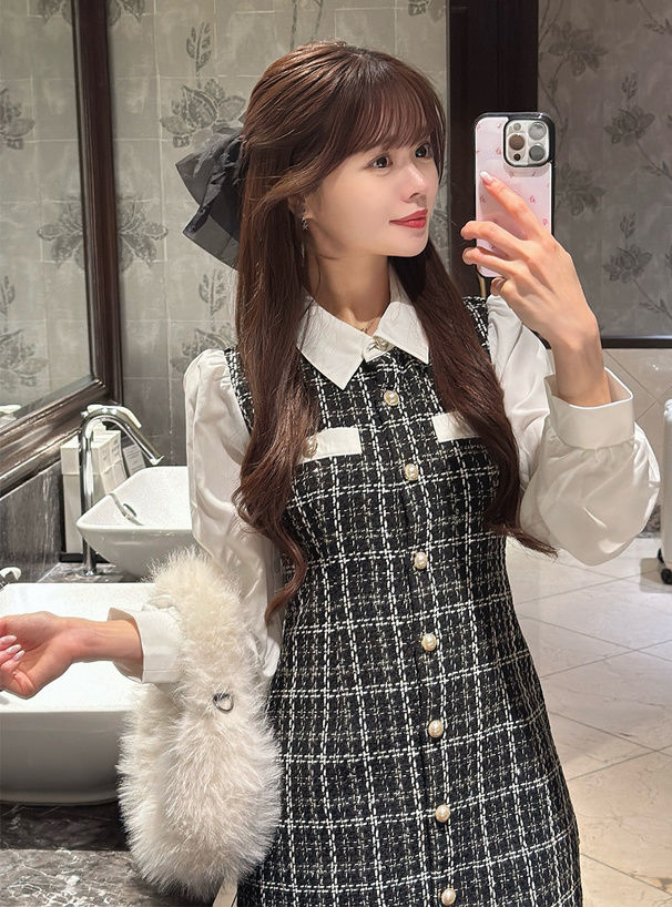 配色襟ツイードチェック柄ミニワンピース[tg905] | レディース