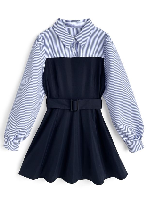 ベルト付きストライプ柄シャツドッキングワンピース