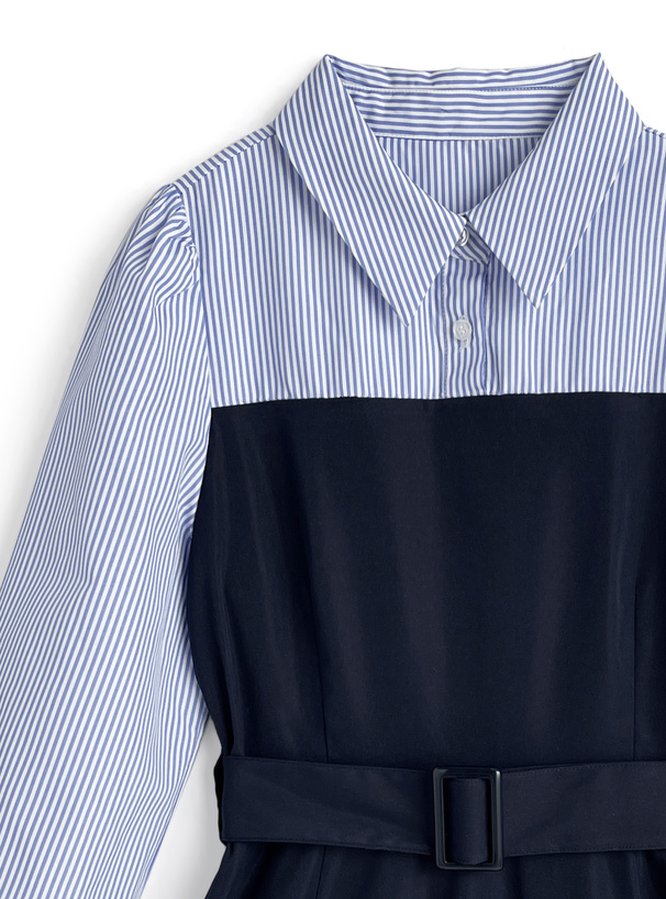 ベルト付きストライプ柄シャツドッキングワンピース