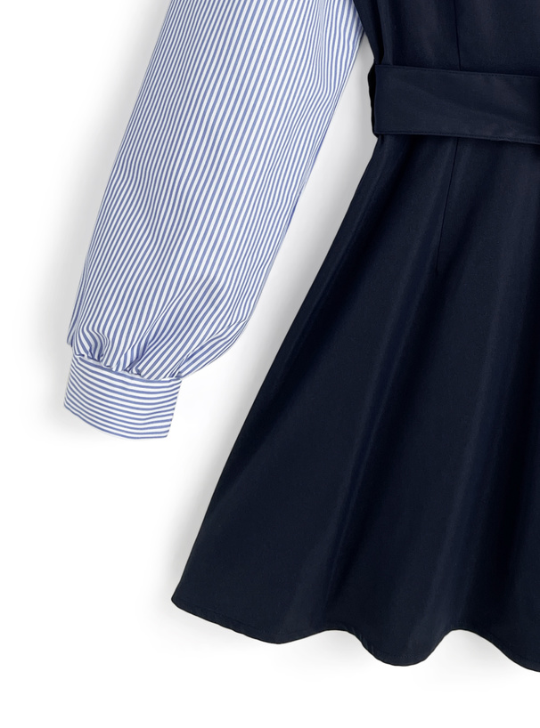 ベルト付きストライプ柄シャツドッキングワンピース