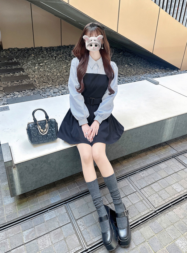 ベルト付きストライプ柄シャツドッキングワンピース