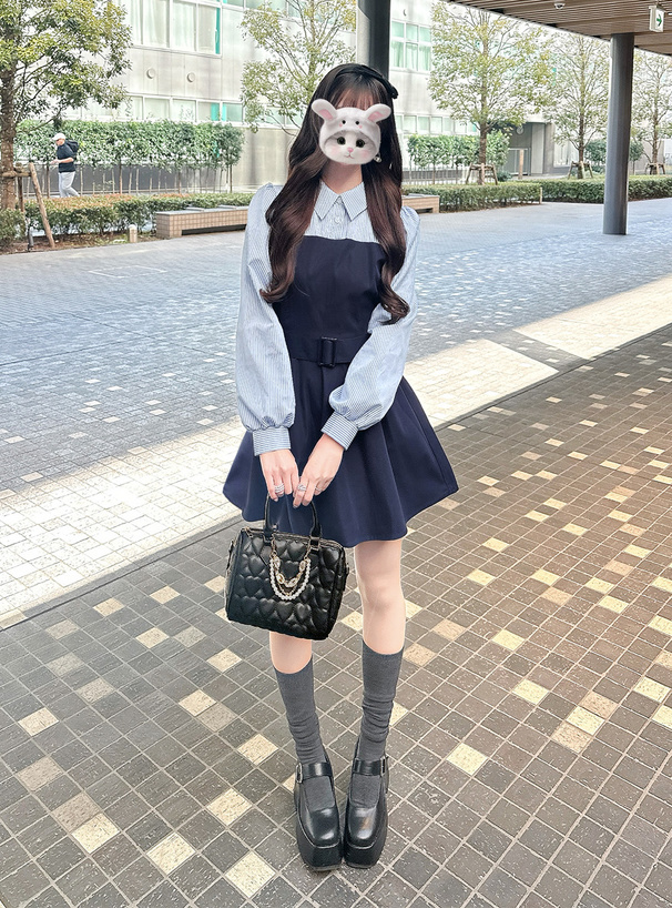 ベルト付きストライプ柄シャツドッキングワンピース