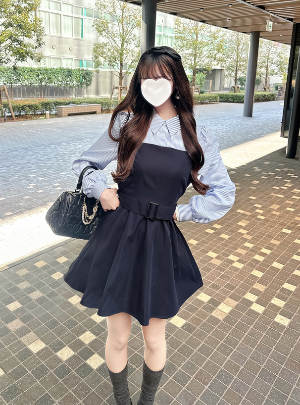 ベルト付きストライプ柄シャツドッキングワンピース