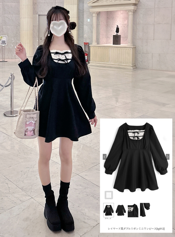 レイヤード風ダブルリボンミニワンピース