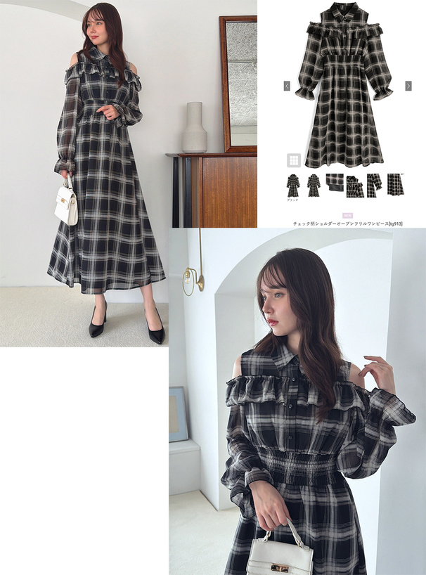 チェック柄ショルダーオープンフリルワンピース[tg913] | レディース