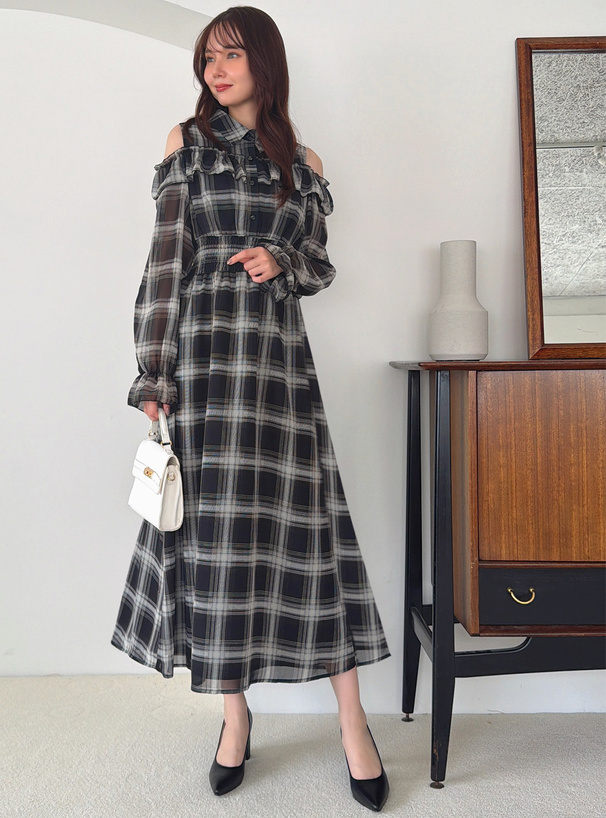 チェック柄ショルダーオープンフリルワンピース[tg913] | レディース