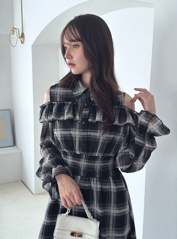 チェック柄ショルダーオープンフリルワンピース[tg913] | レディース