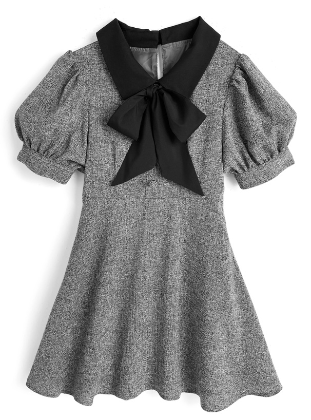 ボウタイ付きツイードミニワンピース
