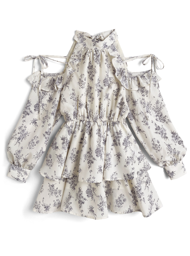 花柄ショルダーオープンアメスリティアードミニワンピース[tg916]