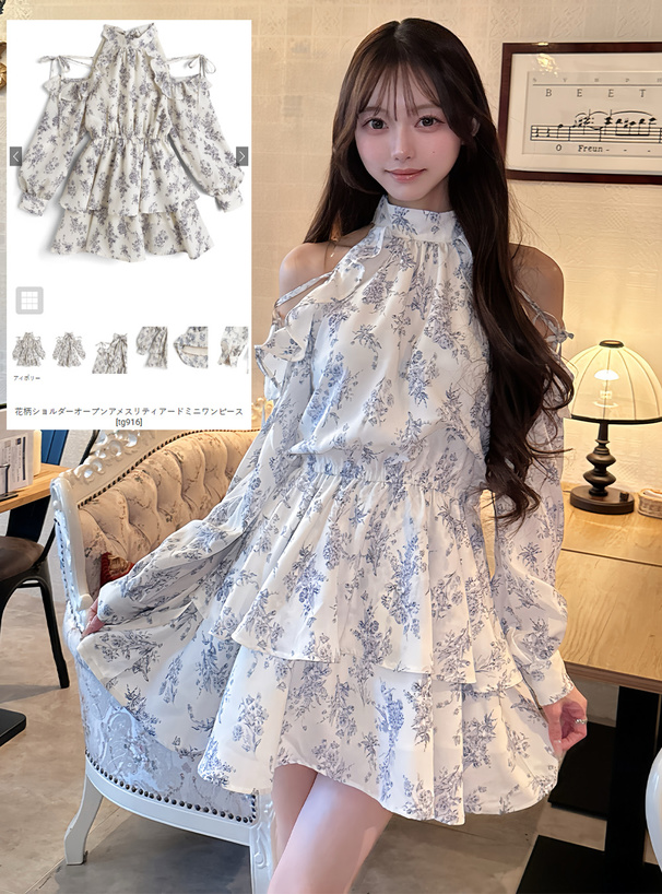花柄ショルダーオープンアメスリティアードミニワンピース