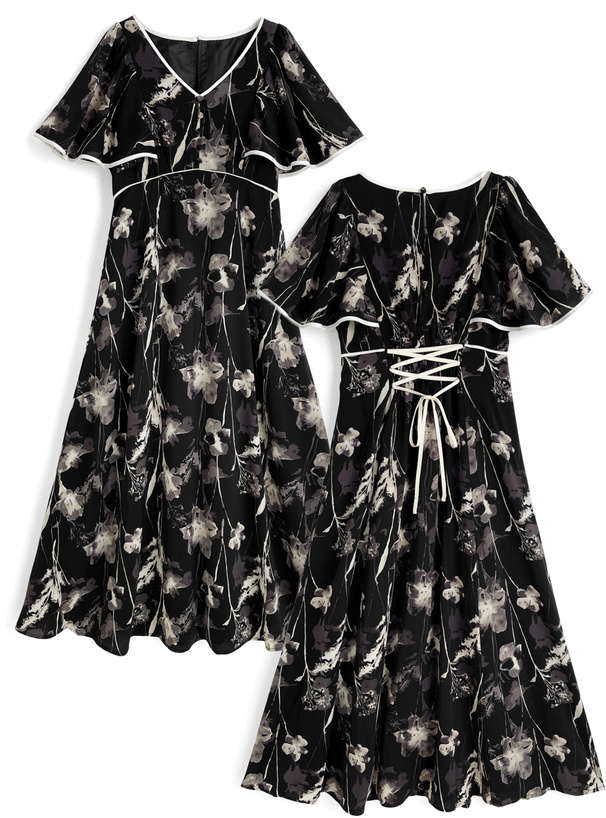 花柄パイピングバックレースアップワンピース