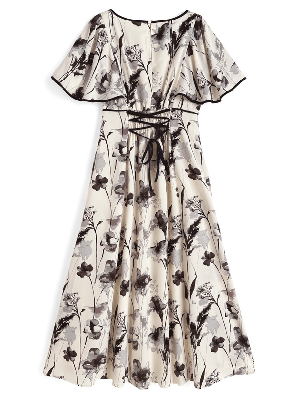 花柄パイピングバックレースアップワンピース