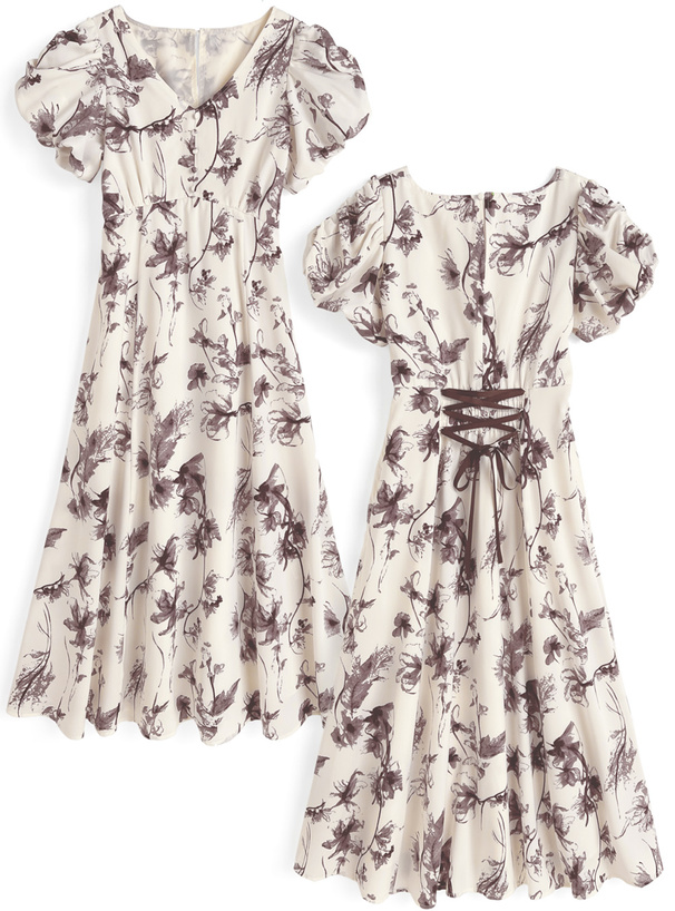 花柄バブルスリーブバックレースアップフレアワンピース