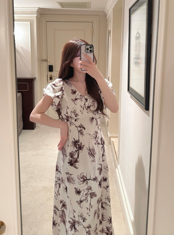 花柄バブルスリーブバックレースアップフレアワンピース