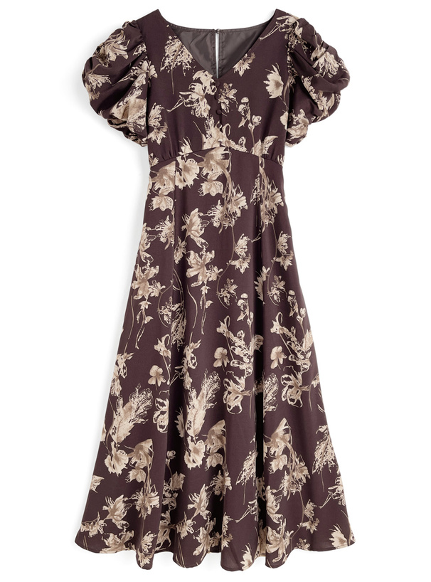 花柄バブルスリーブバックレースアップフレアワンピース