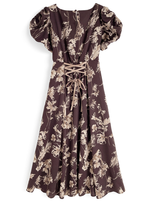 花柄バブルスリーブバックレースアップフレアワンピース