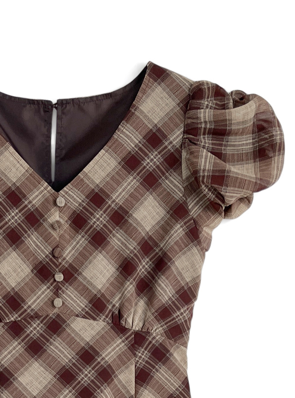 チェック柄バブルスリーブバックレースアップフレアワンピース