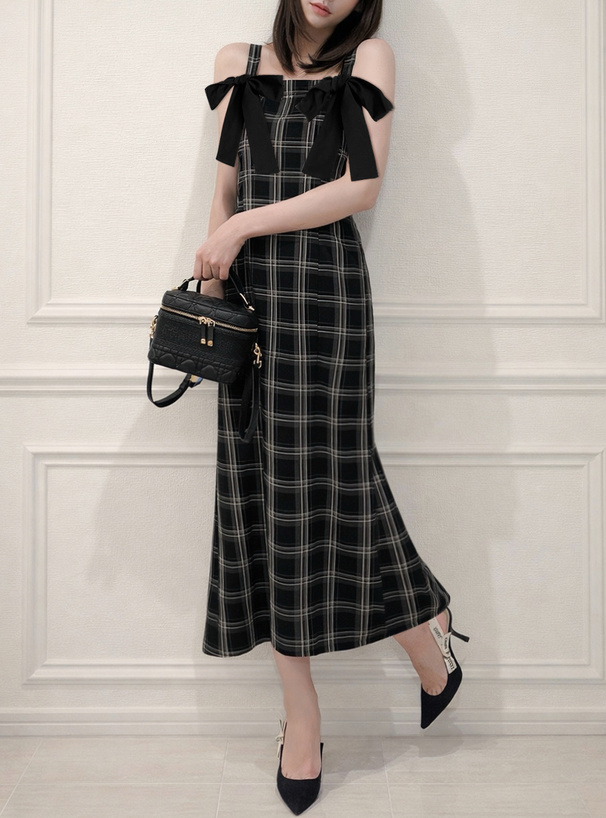 チェック柄ダブルリボンキャミソールワンピース