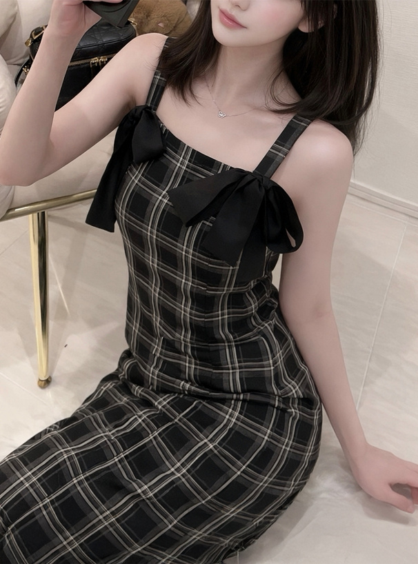 チェック柄ダブルリボンキャミソールワンピース