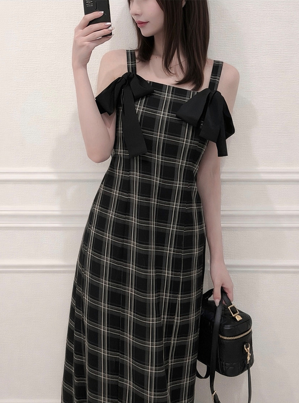 チェック柄ダブルリボンキャミソールワンピース