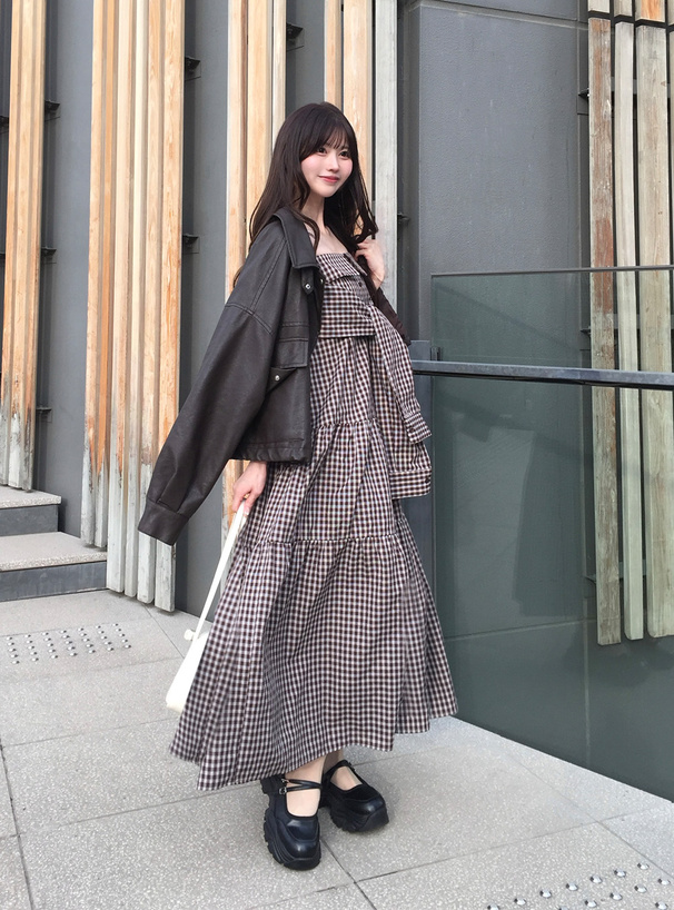 チェック柄シャツデザインキャミソールワンピース