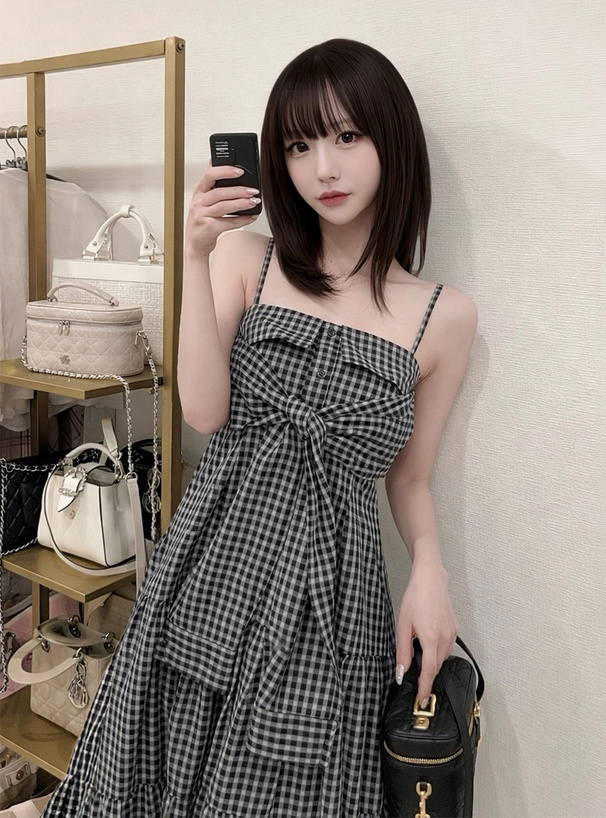 チェック柄シャツデザインキャミソールワンピース