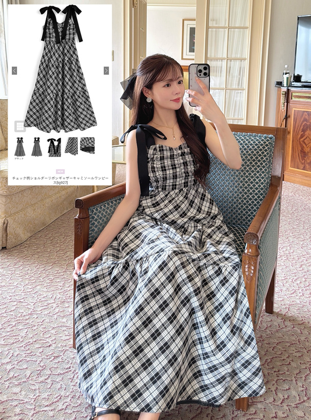 チェック柄ショルダーリボンギャザーキャミソールワンピース[tg927