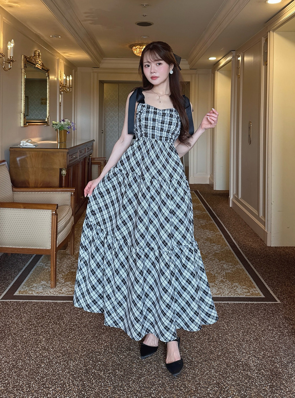 チェック柄ショルダーリボンギャザーキャミソールワンピース[tg927
