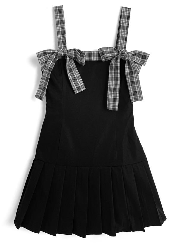 チェック柄ダブルリボンプリーツミニワンピース[tg928]