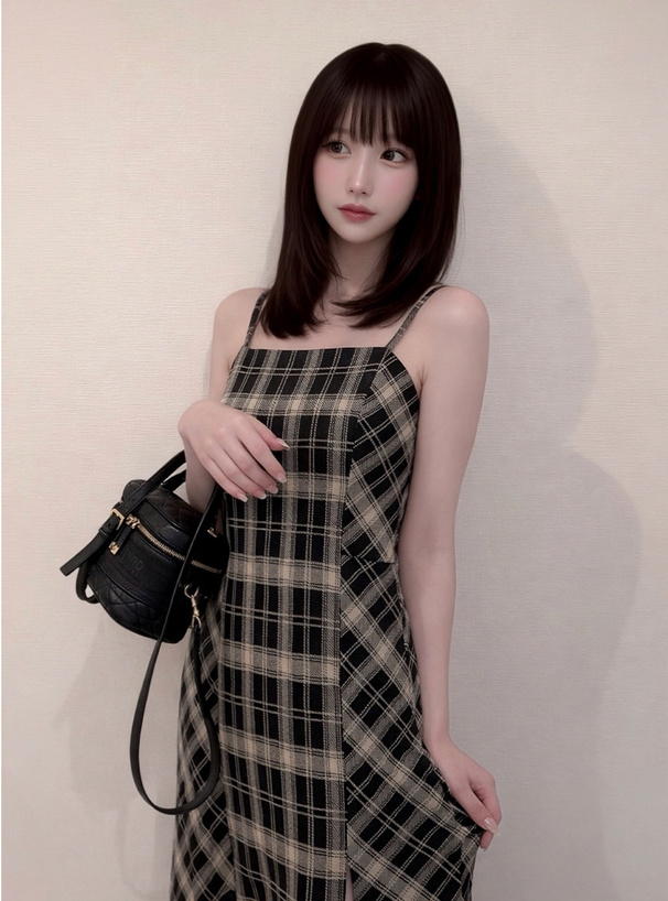 チェック柄マーメイドスリットキャミソールワンピース