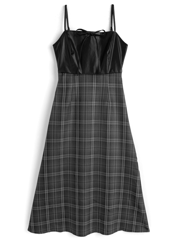 チェック柄レザーリボンキャミソールワンピース[tg930]
