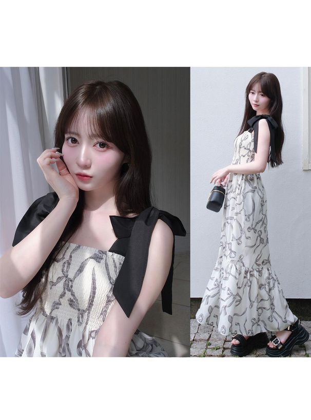 リボン柄ショルダーリボンシャーリングワンピース