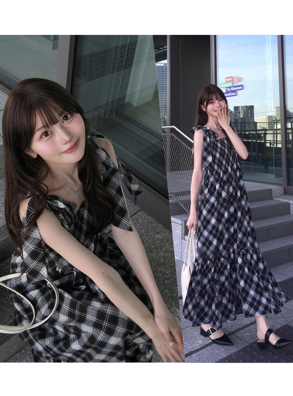 チェック柄ショルダーリボンシャーリングワンピース[tg935