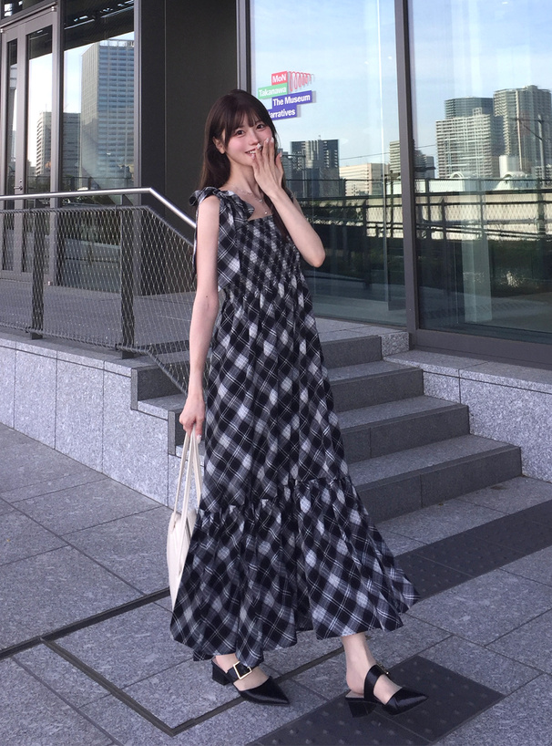 チェック柄ショルダーリボンシャーリングワンピース[tg935