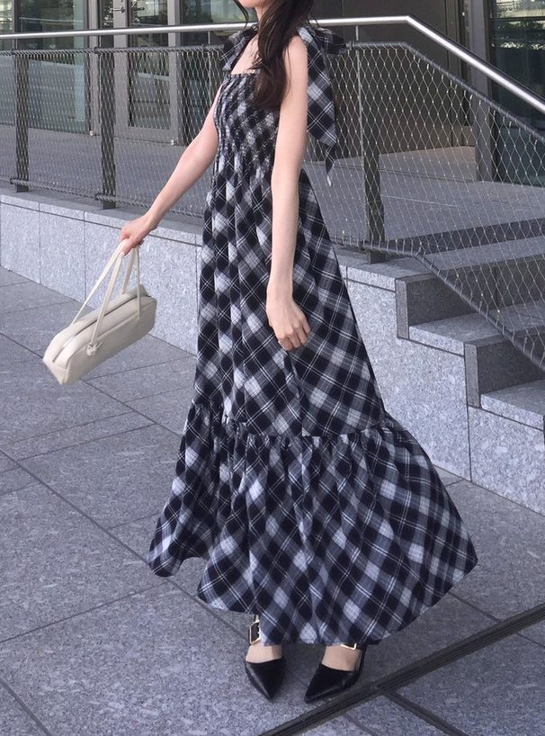 チェック柄ショルダーリボンシャーリングワンピース[tg935