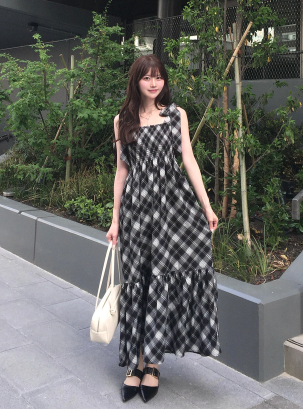 チェック柄ショルダーリボンシャーリングワンピース[tg935