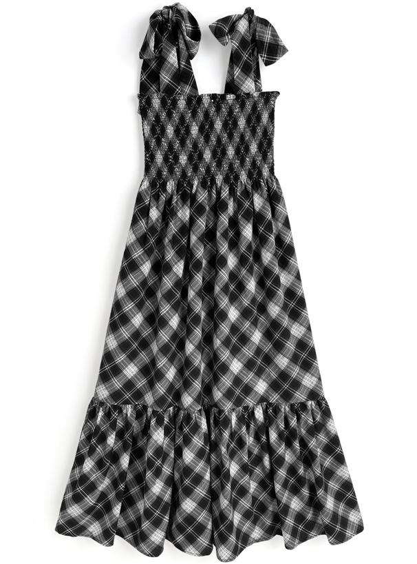 チェック柄ショルダーリボンシャーリングワンピース