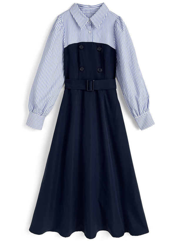 ベルト付きストライプ柄シャツドッキングワンピース[tg938]