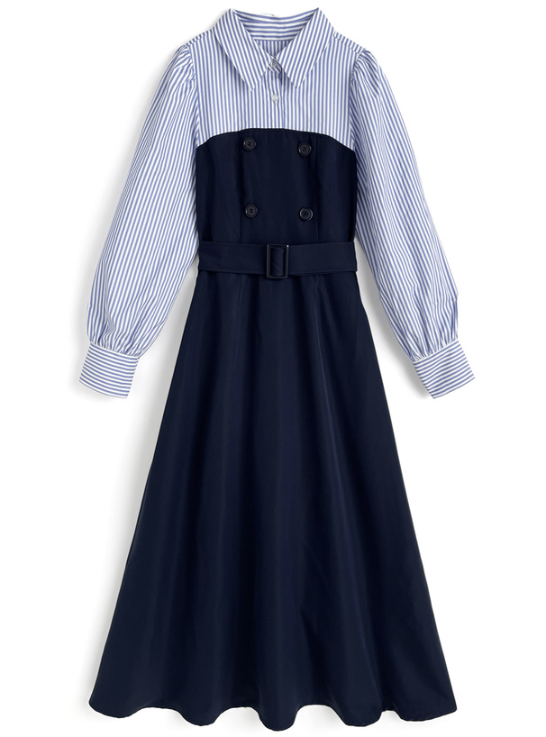 ベルト付きストライプ柄シャツドッキングワンピース