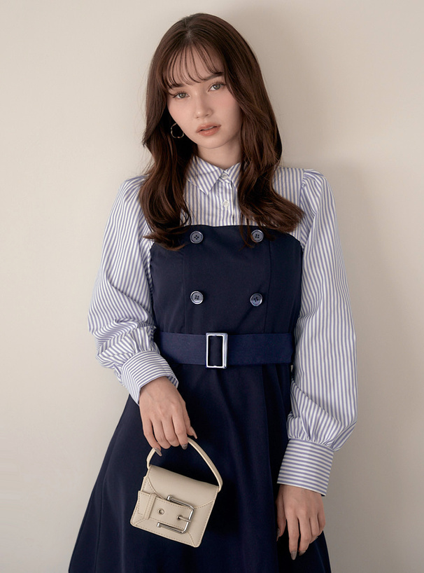 ベルト付きストライプ柄シャツドッキングワンピース