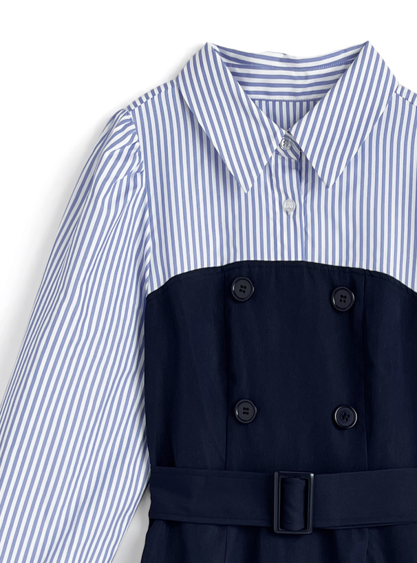 ベルト付きストライプ柄シャツドッキングワンピース