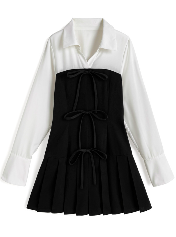 シャツドッキングリボンプリーツミニワンピース[tg950]