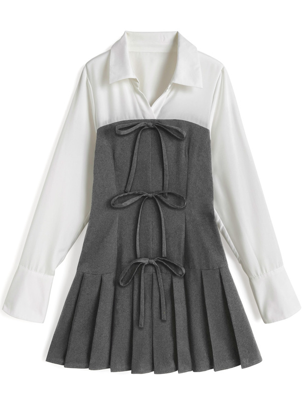 シャツドッキングリボンプリーツミニワンピース