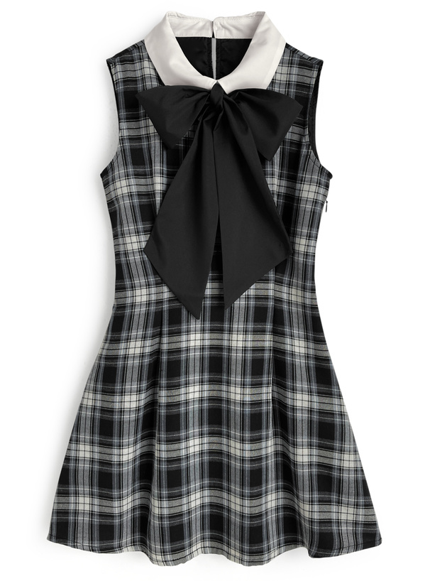 ボウタイ付きチェック柄ノースリーブミニワンピース