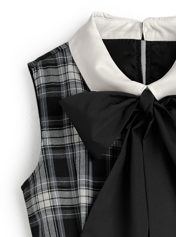 ボウタイ付きチェック柄ノースリーブミニワンピース