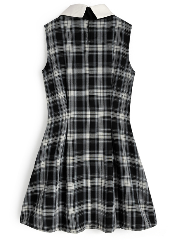 ボウタイ付きチェック柄ノースリーブミニワンピース