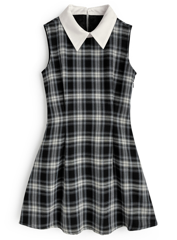ボウタイ付きチェック柄ノースリーブミニワンピース