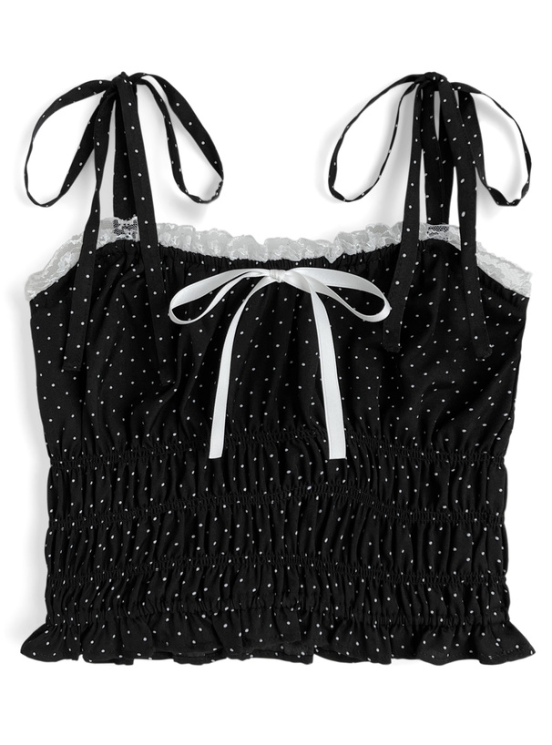 ドット柄ショルダーリボンシャーリングキャミソールトップス