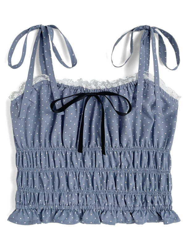 ドット柄ショルダーリボンシャーリングキャミソールトップス